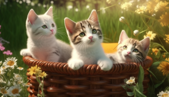 trzy małe, białe kotki w koszyku
